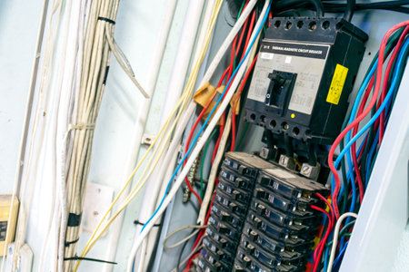 A close-up view of an electrical panel showcasing circuit breakers and colorful wiring. Ideal for topics related to electrical systems, safety, and maintenance services.の写真素材