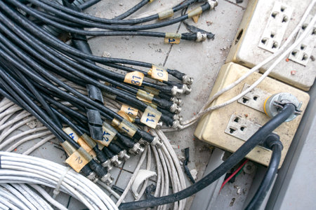 A close-up view of tangled wires and labeled cables connected to power strips in a utility area, highlighting the complexities of modern electrical setups.の写真素材