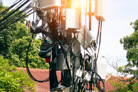 A technician performs maintenance on a communication tower, managing cables and equipment while ensuring safety during the height work in an urban setting.の写真素材