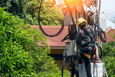 A technician performs maintenance on a communication tower surrounded by greenery, showcasing safety practices with helmet and harness in an urban environment.の写真素材