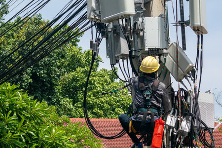 A technician is seen climbing a utility pole, performing electrical repairs. The image showcases safety measures and urban infrastructure surrounded by greenery.の写真素材