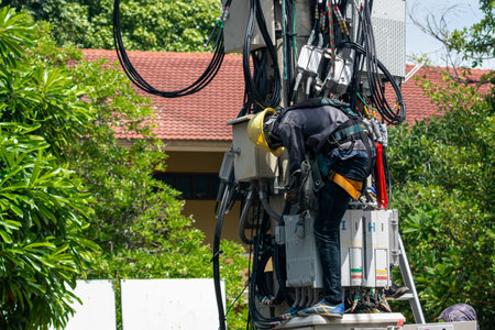 A technician performs maintenance on electrical equipment while safely secured. The image captures the balance of technology and nature in an urban setting.の写真素材