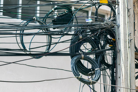 A complex arrangement of power cables and wires across an urban setting, showcasing the intricate network essential for modern electricity and communication systems.の写真素材