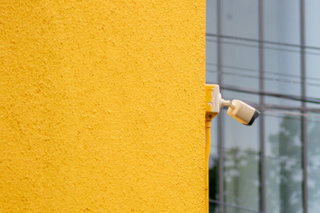 A close-up shot of a security camera mounted on a vibrant yellow wall, contrasting with a modern...