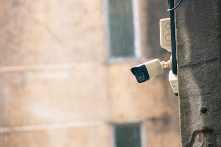 A surveillance camera mounted on a wall captures the essence of urban security. Rain falls around the camera, highlighting technology's role in monitoring environments.の写真素材