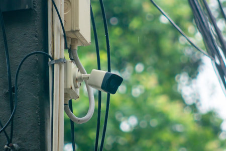 An outdoor security camera is mounted on a wall with greenery in the background, providing...
