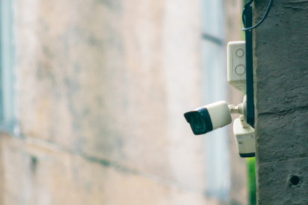 A close-up view of a security camera mounted on a building wall, showcasing modern surveillance...