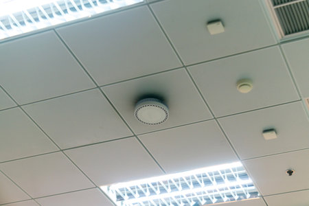 This image showcases a modern ceiling design featuring fluorescent lights and ventilation systems. The clean lines and geometric patterns create an appealing indoor atmosphere.の写真素材
