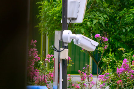 A white outdoor surveillance camera installed in a vibrant garden filled with colorful flowers,...