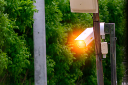 A bright outdoor security camera is mounted on a pole, providing optimal visibility for monitoring. The camera enhances safety and surveillance in the area.の写真素材