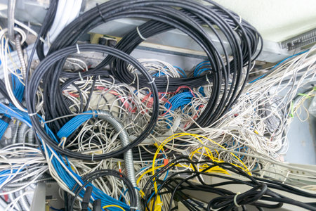 This image showcases a chaotic array of network cables and wires tangled together. It represents the complexities of modern electronic installations and organization challenges.の写真素材