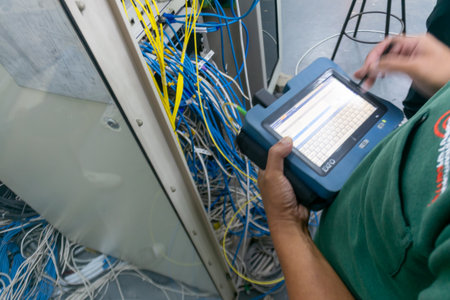 A technician inspects network equipment while using a handheld device to analyze cabling and connectivity in a technical environment.の写真素材