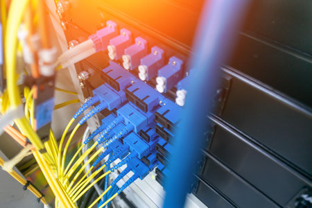 A close-up view of fiber optic cables connected in a data rack, showcasing the intricate setup and organization of modern telecommunications technology.の写真素材