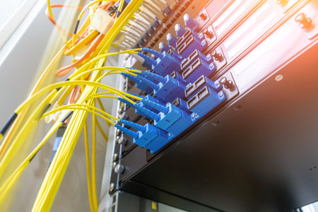 Close-up view of a fiber optic cable installation featuring blue connectors in a network panel, showcasing modern technology and data communication infrastructure.の写真素材
