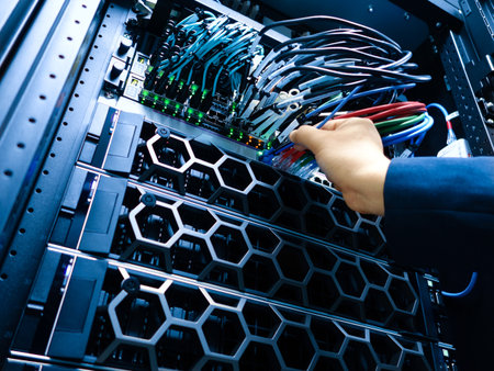 Close-up of a hand connecting network cables in a server rack, showcasing modern technology and data management in an IT environment.の写真素材