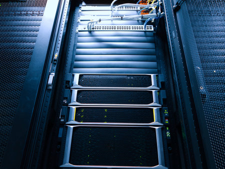 A detailed view of a data center server rack showcasing high-performance servers and network...