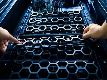 A close-up of hands working on a server rack in a modern data center, showcasing detailed hardware components and organized wiring for optimal performance.の写真素材