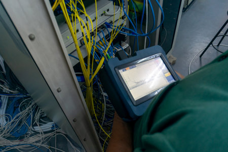 A technician uses a handheld device to test fiber optic cables in a networking environment. The image showcases the complexity of modern connectivity and technology.の写真素材