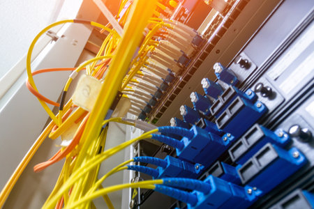 A close-up view of fiber optic cables and connectors in a data center rack showcasing intricate wiring and network infrastructure essential for high-speed communication.の写真素材