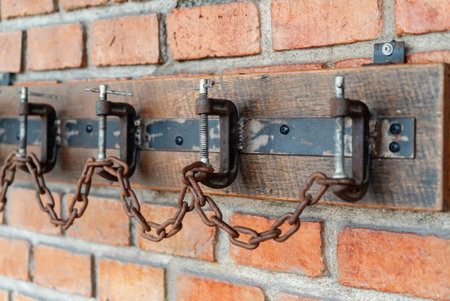 A vintage industrial wall hook rack featuring sturdy metal hooks with chains, set against a rustic brick background. Ideal for home decor and organization.の写真素材
