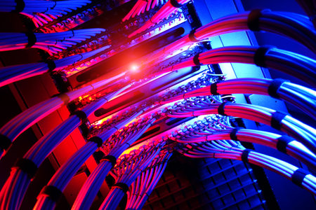 A vibrant capture of data cables illuminated in red and blue light within a server room. This...