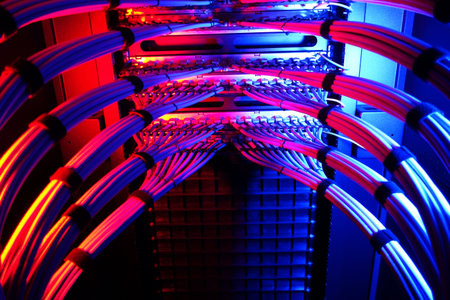 A visually striking image showcasing colorful network cables within a server rack, emphasizing...