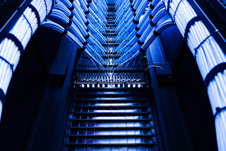 A captivating view of network cables and hardware in a data center, showcasing a modern setup with...