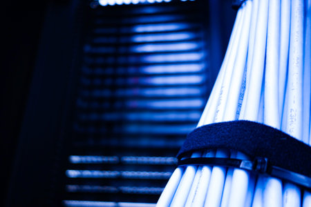 A closeup view of bundled blue cables against an abstract background, highlighting the interplay of...