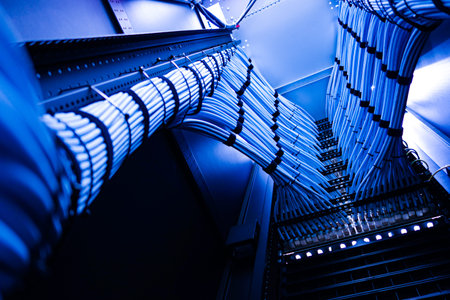 Intricate arrangement of blue network cables inside a modern data center, showcasing the complexity...