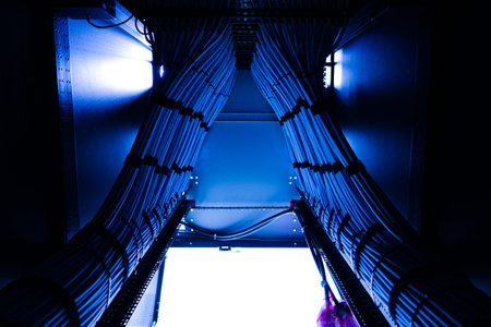 A striking view of network cables inside a data center, showcasing the modern technology and digital...