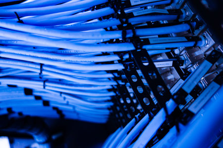 An artistic close-up of blue Ethernet cables organized in a server rack. This image showcases modern...