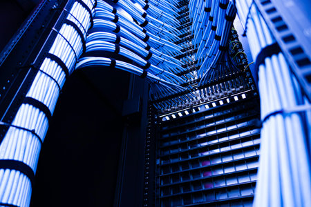 A captivating perspective of organized network cables in a server rack, showcasing modern technology...