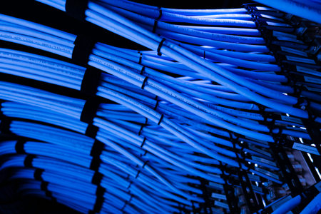 A detailed view of vibrant blue network cables organized in a data center, showcasing modern...