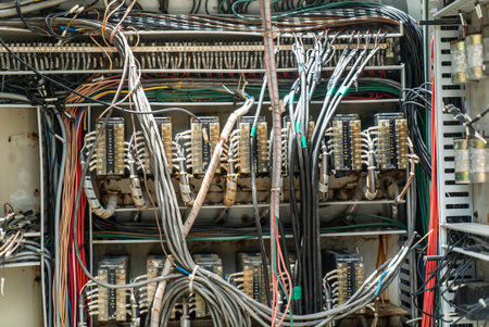 An intricate view of an electrical panel showcasing connected wires and circuit breakers,...