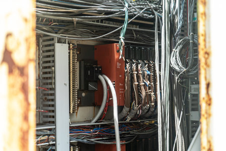 A close-up view of a complex electrical wiring system showcasing intricate cables, circuits, and...