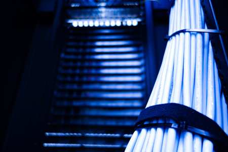 A visually striking image showcasing a dark server room illuminated by blue lighting, featuring...