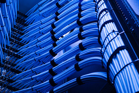 Close-up image of organized blue cables in a data center, showcasing modern technology and intricate...