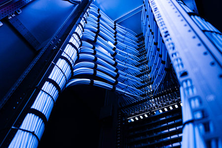 A visually striking view of organized network cables in a data center. This image highlights the...