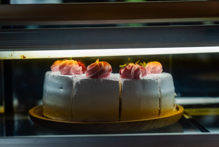 A close-up view of a beautifully crafted layered cake featuring soft icing swirls on top, perfectly...