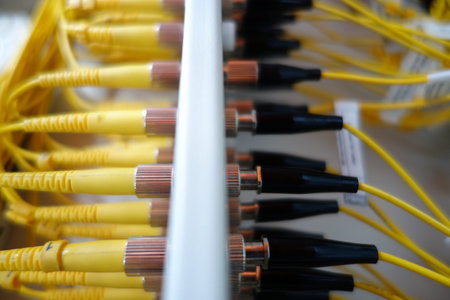 Detailed close-up of connecting cables used in network technology, showcasing yellow wires and...