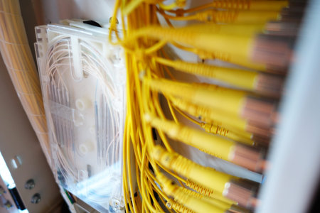 Closeup image of a fiber optic cable management system, showcasing the organization and connectivity...
