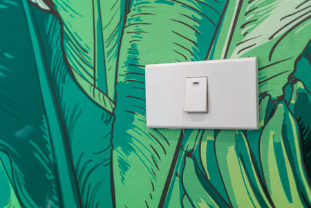 A close-up of a light switch against vibrant green leaf wallpaper, showcasing a unique design that...