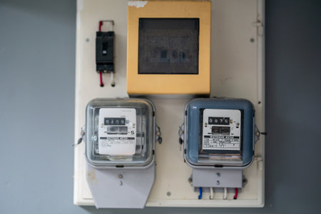 Close-up view of electricity meters and a control panel on the wall. This image showcases essential tools for monitoring energy consumption in residential settings.の写真素材