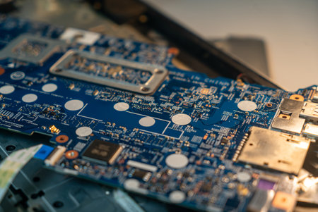 A detailed close-up view of a computer circuit board showcasing intricate designs and connections, highlighting the technology and engineering involved in electronic devices.の写真素材