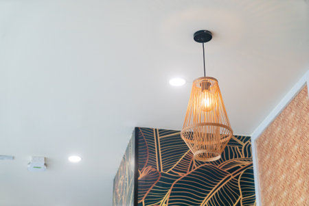 A stylish pendant light hangs from the ceiling, offering warmth and illumination to a modern interior featuring artistic wallpaper and elegant decor elements.の写真素材