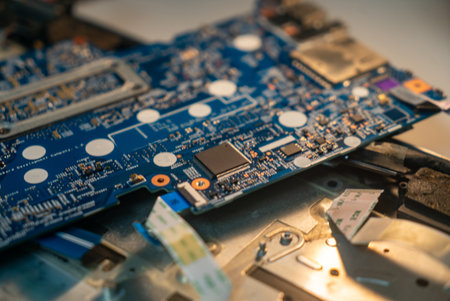 Detailed close-up of a circuit board showcasing essential electronic components and connections, highlighting the intricacy of modern technology and design.の写真素材