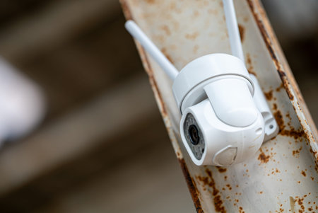 A detailed image of a white surveillance camera mounted on a rusty metal surface, emphasizing the...