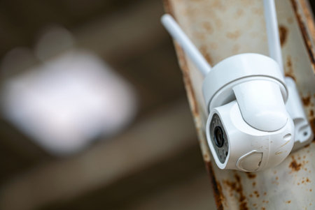 Close-up view of a security camera mounted on a rusty metal surface, showcasing modern surveillance...