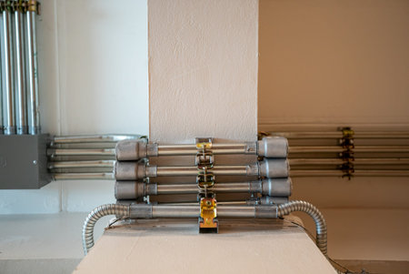 Detailed view of an industrial pipe installation on a plain wall, showcasing the arrangement of...