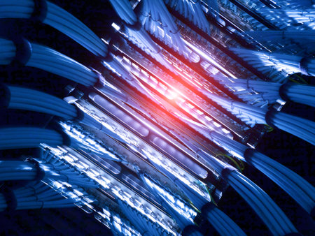 Captivating abstract photo featuring dynamic light patterns in blue cables. The image showcases...